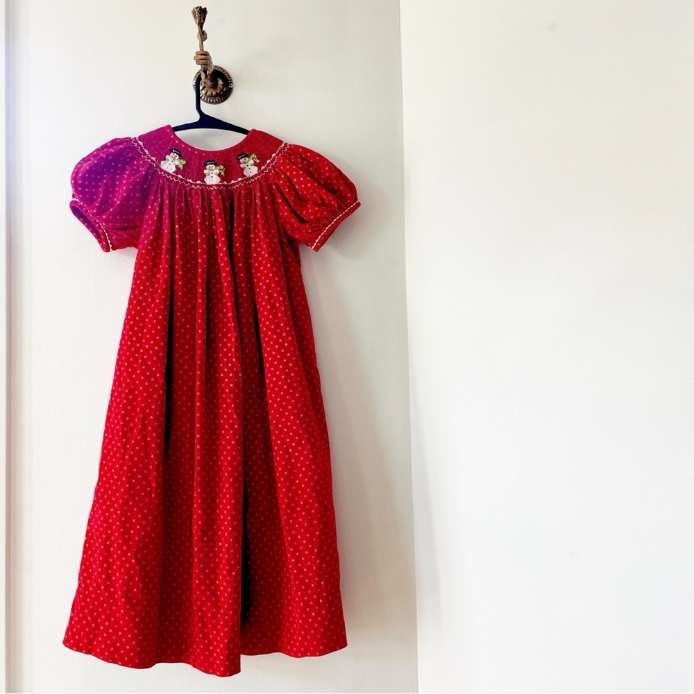 Amanda Remembered Holiday Christmas Snowman Handmade Smocked Dress | Size 5